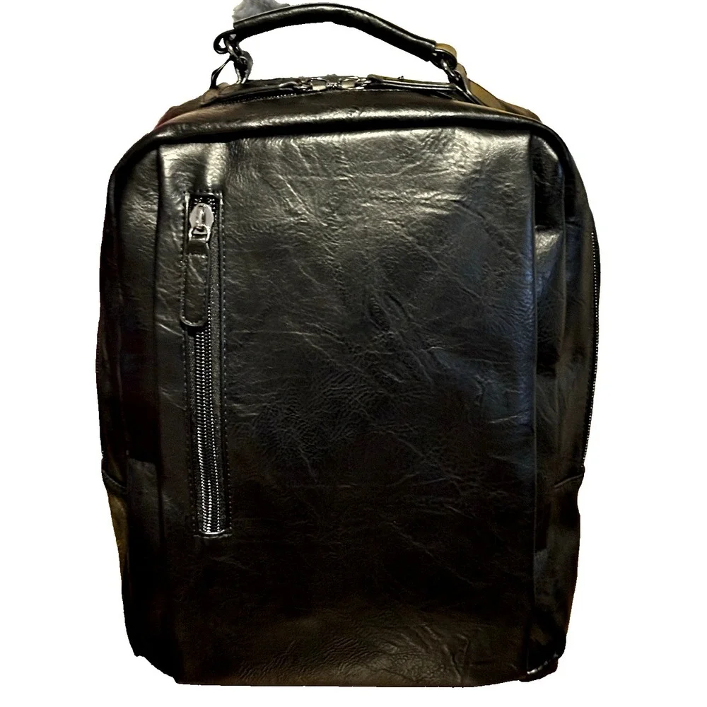 Black Faux Leather Backpack XL Multi Pocket Travel School Laptop Bag New